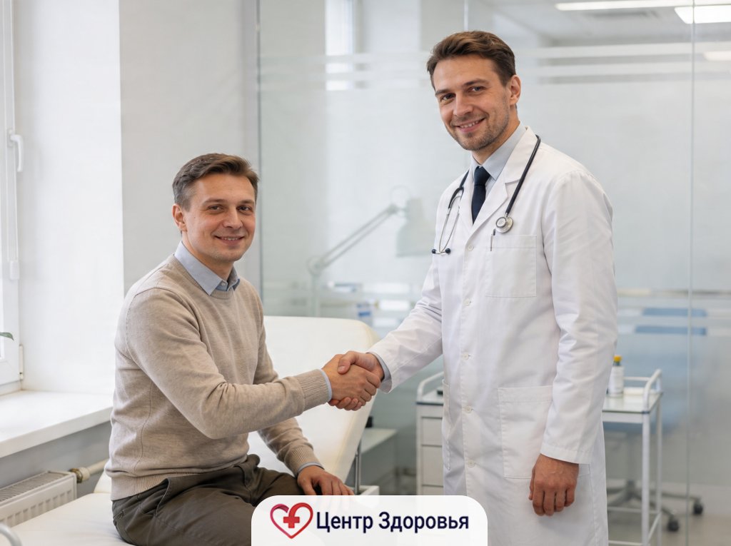 Врач пожимает руку пациенту после завершения лечения